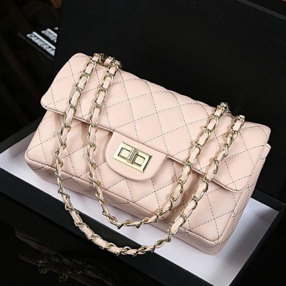 Quilted Leather Cross - body Chain Messenger Shoulder Bag - Lily Bloom