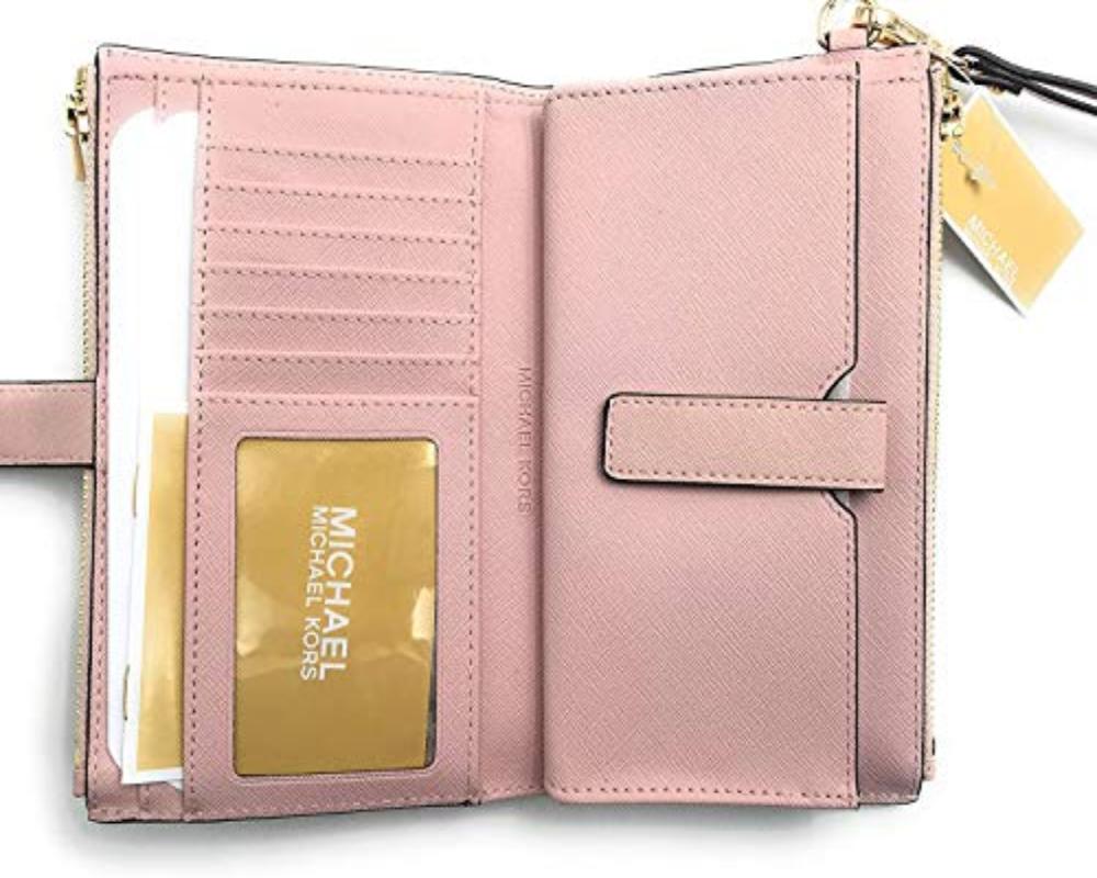Travel Double Zip Saffiano Leather Wristlet Wallet - Lily Bloom