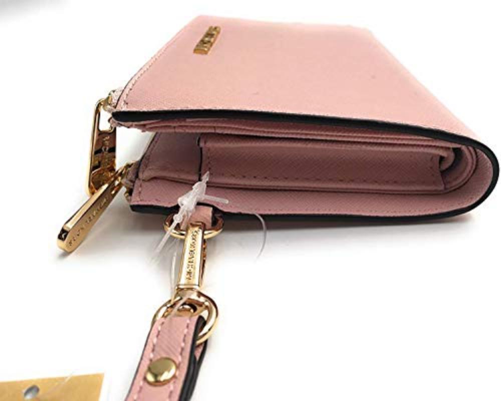 Travel Double Zip Saffiano Leather Wristlet Wallet - Lily Bloom