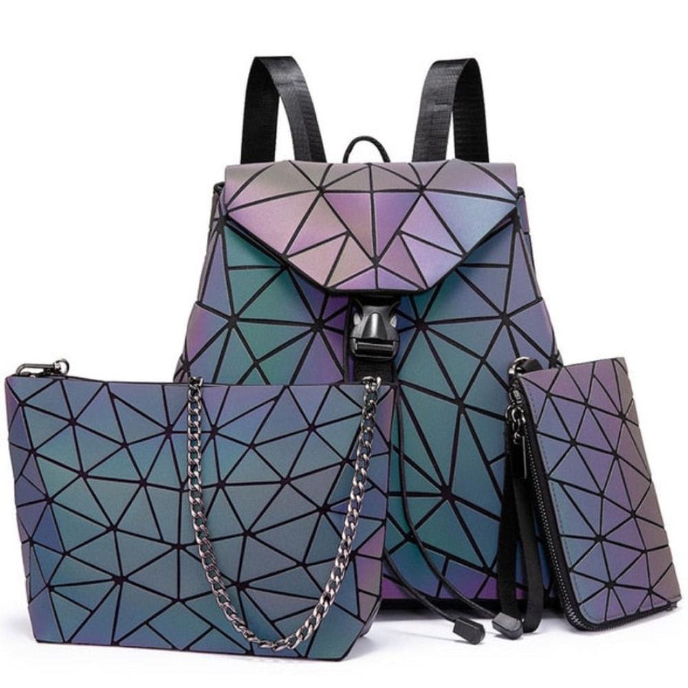 Backpack Schoolbag Cross-body Set Purse Geometric Luminous Reflective - Lily Bloom
