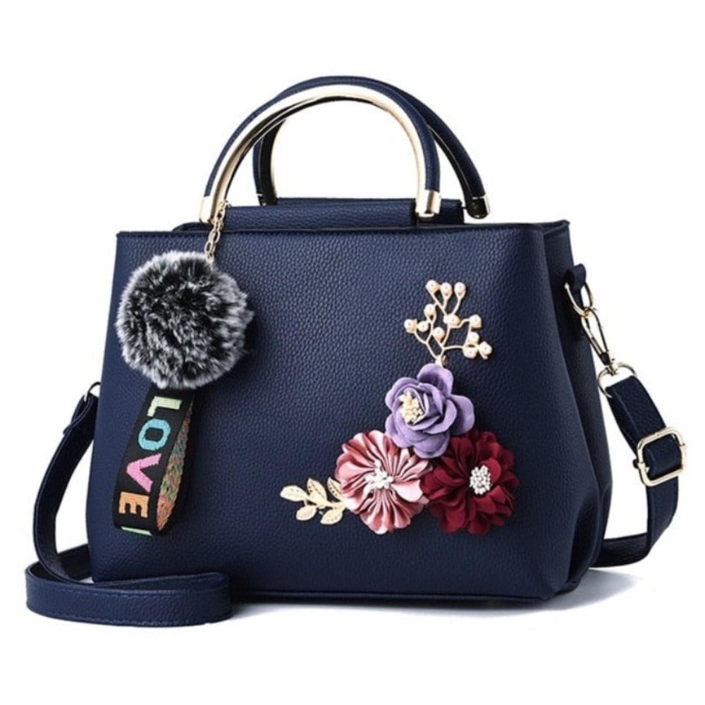 Leather Handbag Shoulder Bag Tote Flowers Shell Sac A Main Rivets Fur Ball Pendant - Lily Bloom