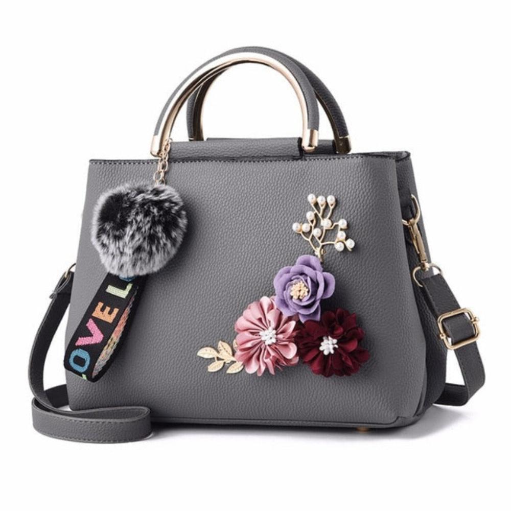 Leather Handbag Shoulder Bag Tote Flowers Shell Sac A Main Rivets Fur Ball Pendant - Lily Bloom