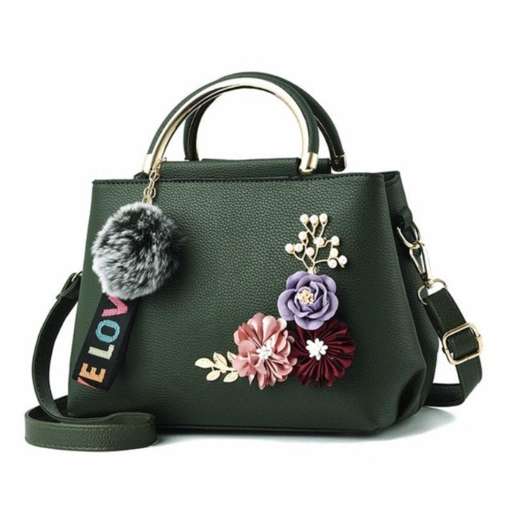 Leather Handbag Shoulder Bag Tote Flowers Shell Sac A Main Rivets Fur Ball Pendant - Lily Bloom