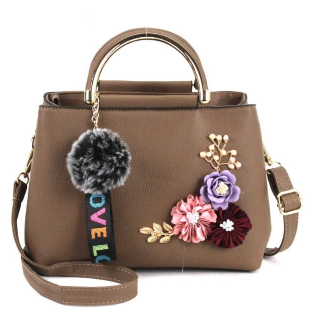 Leather Handbag Shoulder Bag Tote Flowers Shell Sac A Main Rivets Fur Ball Pendant - Lily Bloom