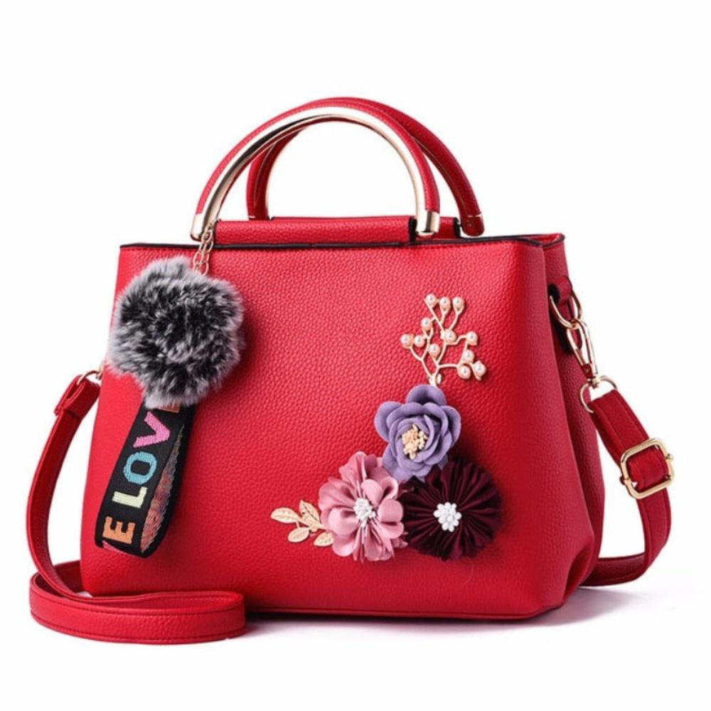 Leather Handbag Shoulder Bag Tote Flowers Shell Sac A Main Rivets Fur Ball Pendant - Lily Bloom