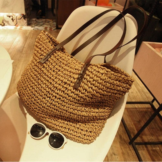 Handbag Rattan Woven Knitted Straw Large Capacity Totes Leather Shoulder Bag - Lily Bloom