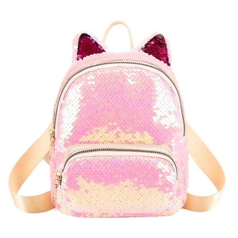 Cute Sequins Backpack Cat Ears School Zipper Backpack - Lily Bloom